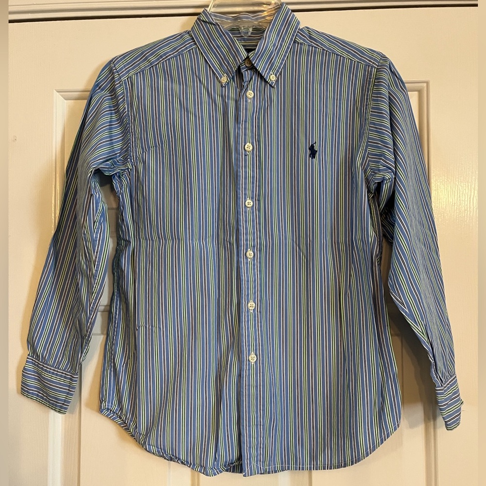 RALPH LAUREN blue green stripe button down shirt M 10/12